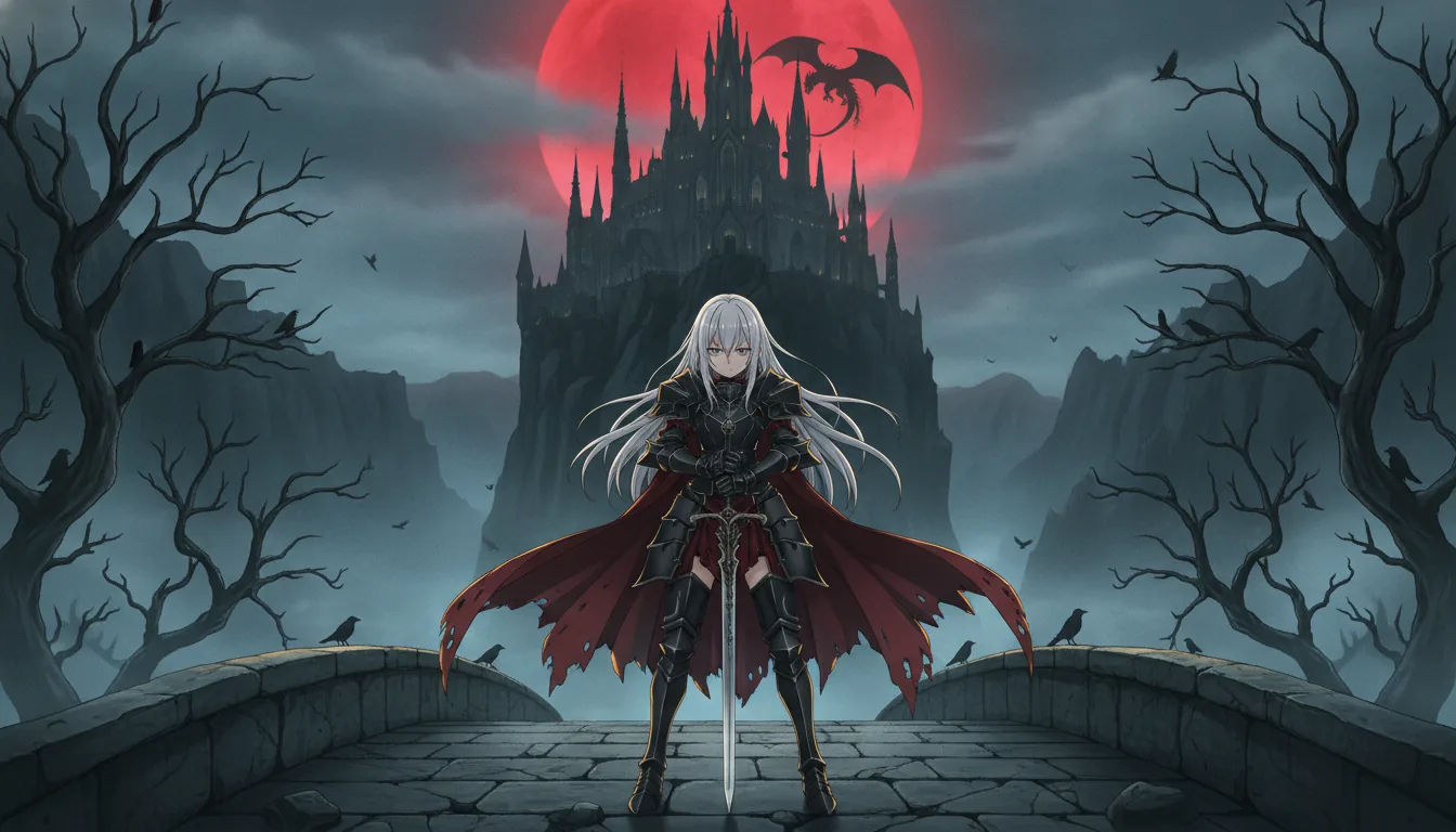 Аниме в стиле Dark Fantasy: рыцарь на мосту, чёрный замок и красная луна