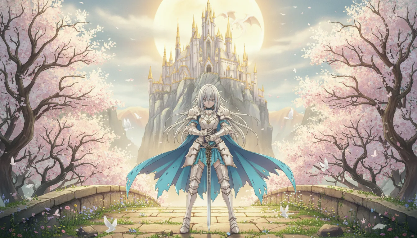 Та же сцена в стиле Light Fantasy: белый замок, сакура, рыцарь в светлых доспехах
