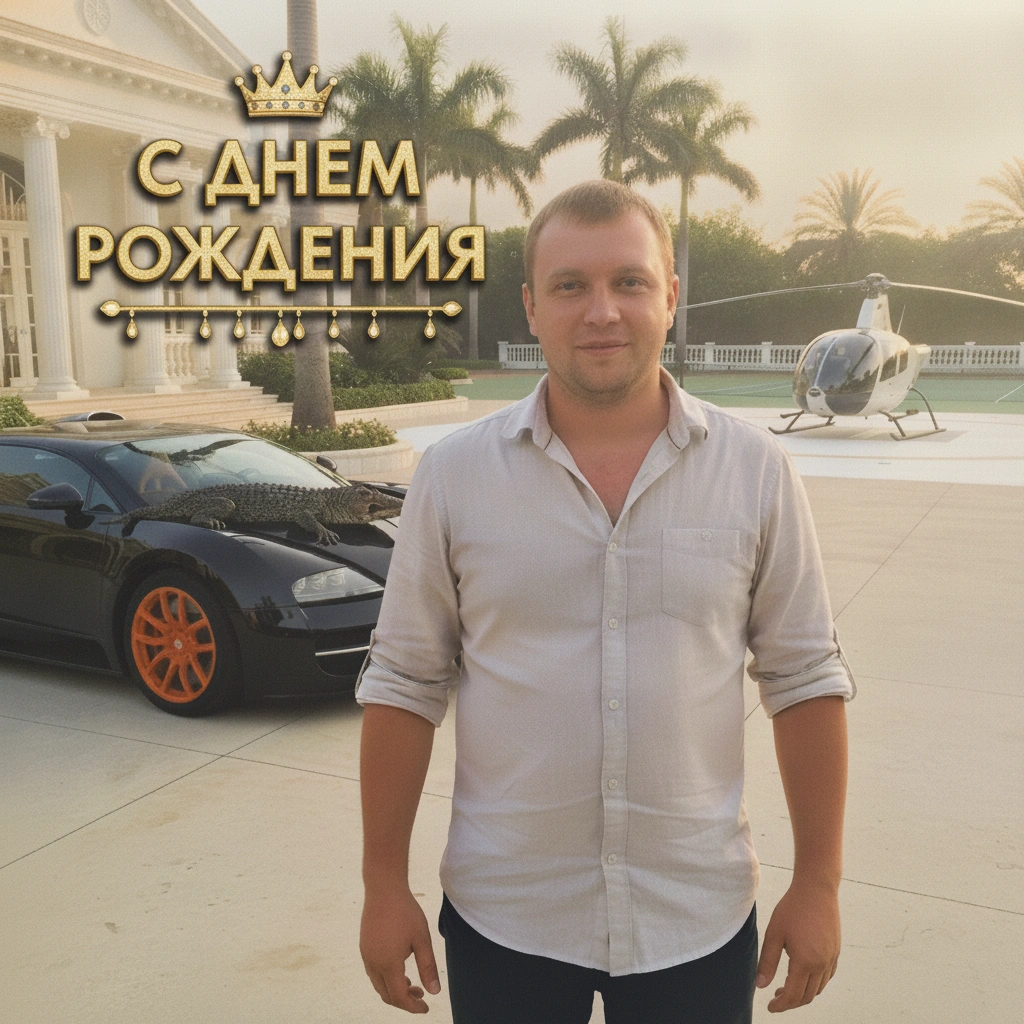 Готовая открытка: вилла, спорткар, вертолёт и золотая надпись